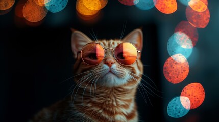  Cool cat wearing sunglasses in colorful bokeh lighting for a humorous and stylish animal-themed photo shoot