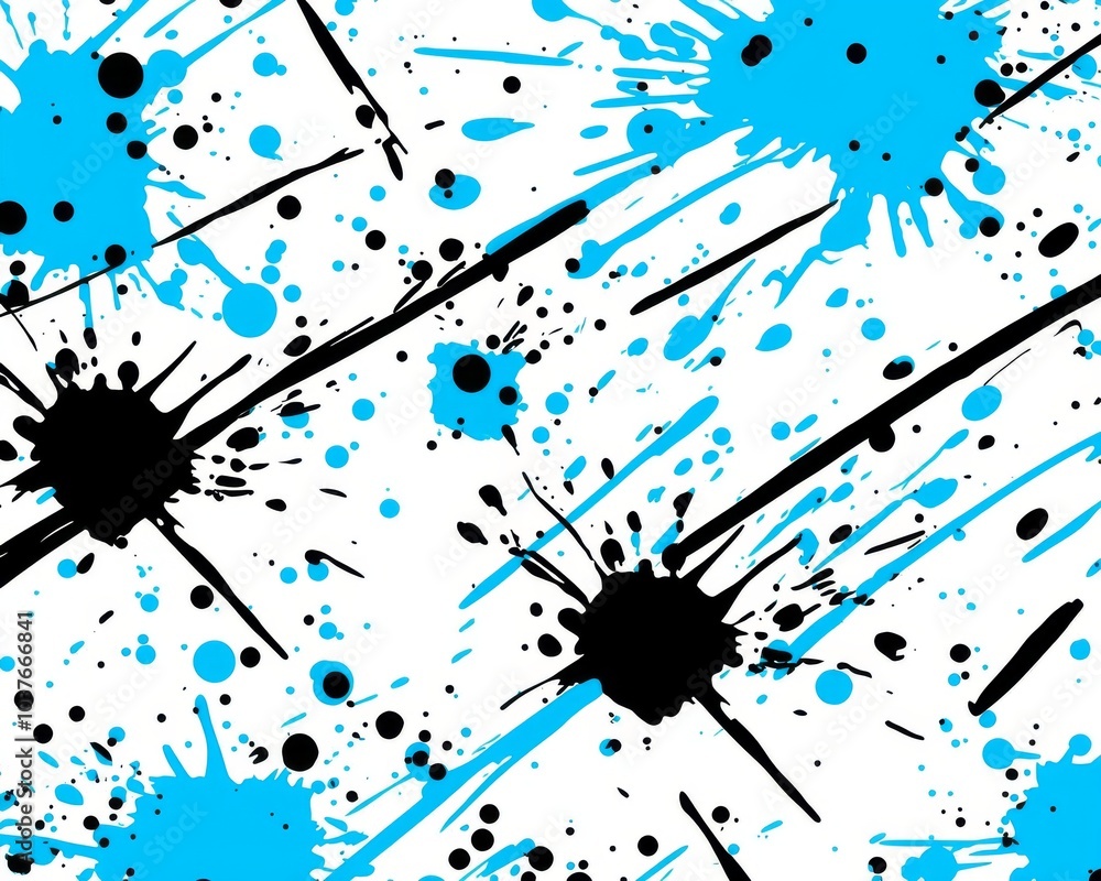 Poster dynamic abstract pattern with blue and black paint splatters on a white background, creating a vibra