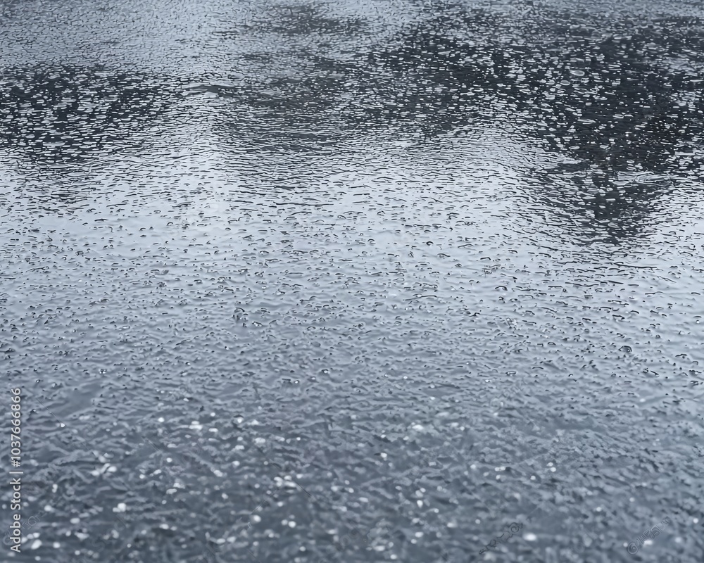 Poster close-up of raindrops on a reflective surface, creating a tranquil mood with shades of gray.