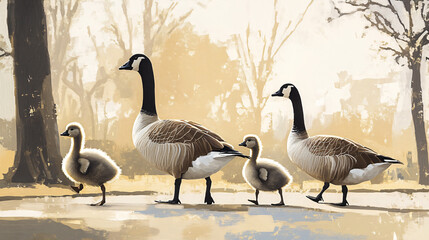 Fototapeta premium A family of geese waddling across a park