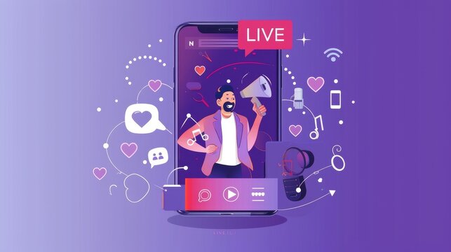 Studio content creator: blogger livestreamer employing a phone, podcast microphone for streaming, delivering business reviews, engaging audience, promoting via live sessions, optimizing online reach.