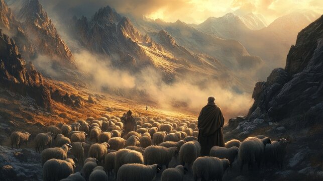 Early in the morning, the elderly shepherd leads his herd of sheep to the plateau. Will not return for three months with sheep