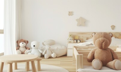 「ナチュラルウッドの家具、柔らかな毛布、ぬいぐるみのテディベアのおもちゃが置かれた、居心地の良い明るい子供部屋。子供時代、快適さ、遊びをテーマにしたデザインに最適」