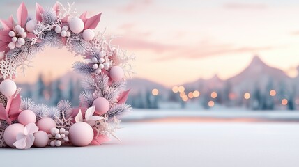 Lush Christmas wreath against a winter landscape