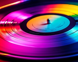 A vibrant close-up of a spinning vinyl record, showcasing a spectrum of colorful reflections and grooves.