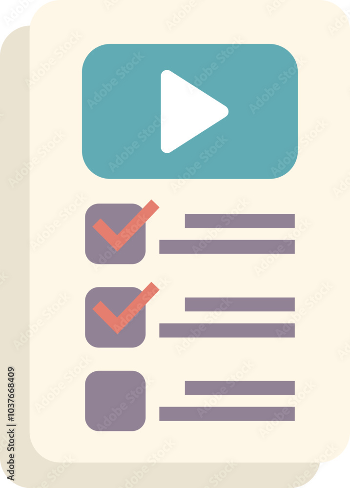 Poster online course checklist showing video with play button and check marks for completed tasks, educatio
