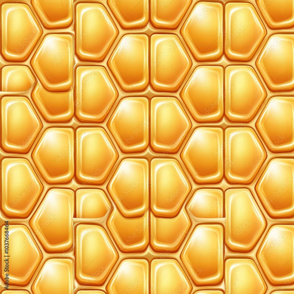Aufkleber close-up of a vibrant honeycomb pattern, featuring a golden hue with glossy hexagonal shapes.