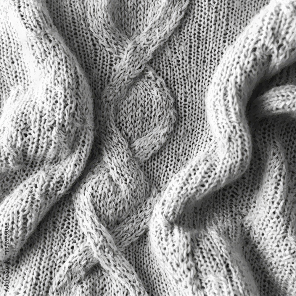 Poster close-up of a cozy gray knitted fabric displaying intricate cable patterns and soft textures.