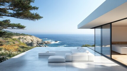Fototapeta premium Modern Minimalist White Coastal Living Room with Panoramic Sea Views.Concept of modern living, coastal lifestyle, panoramic views, minimalist design, luxury home interior.