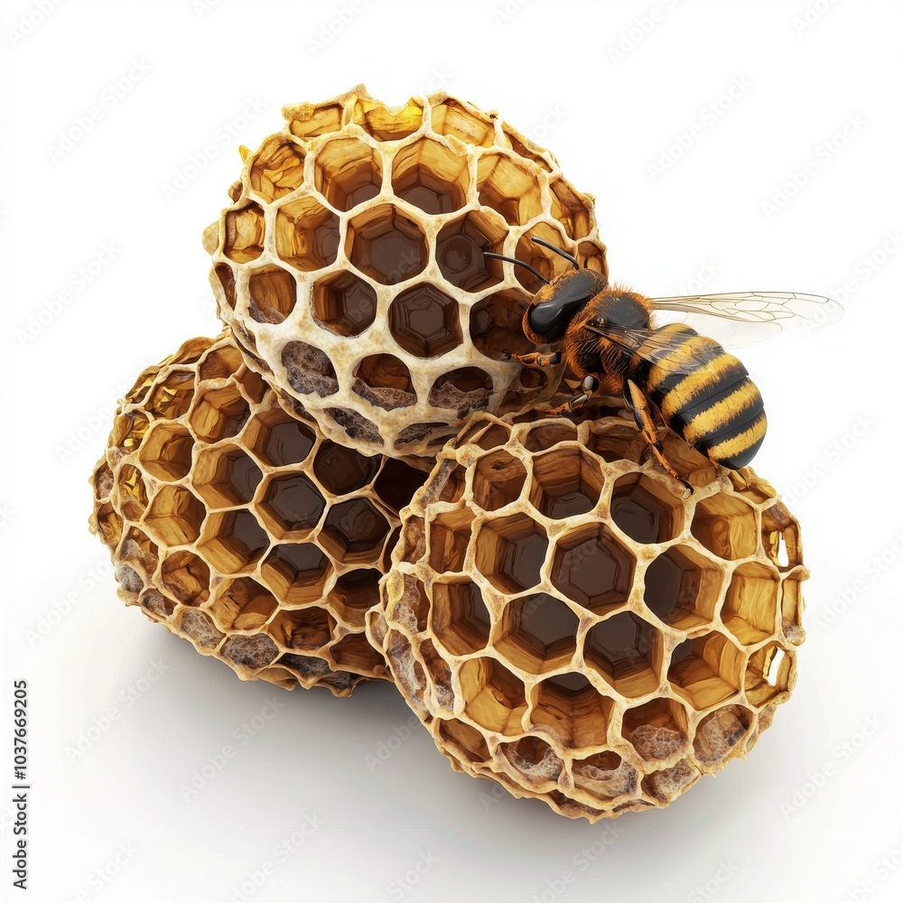 Poster close-up of honeycomb with a bee, showcasing intricate hexagonal patterns and rich textures.
