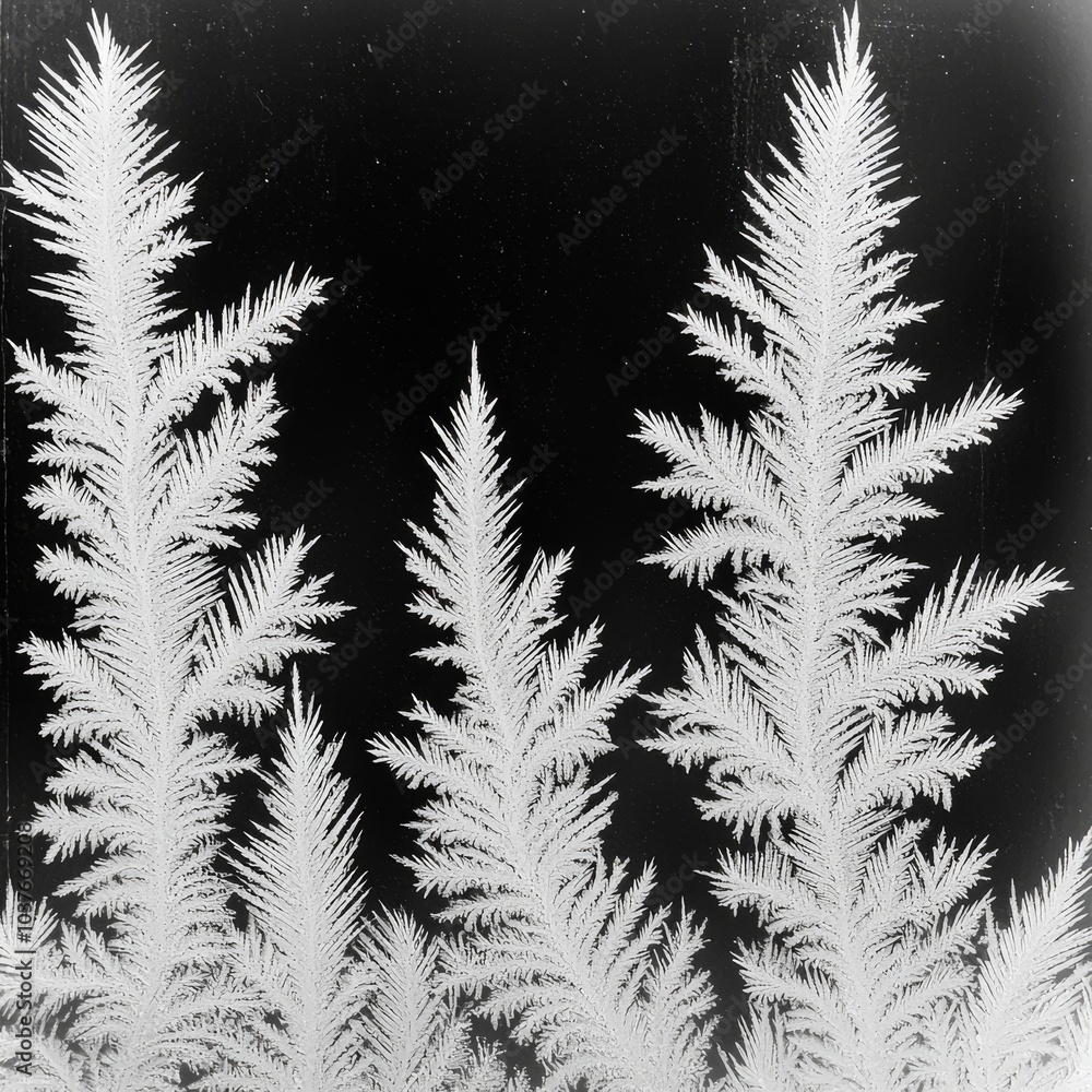 Poster intricate white frost patterns resembling pine trees against a deep black background.
