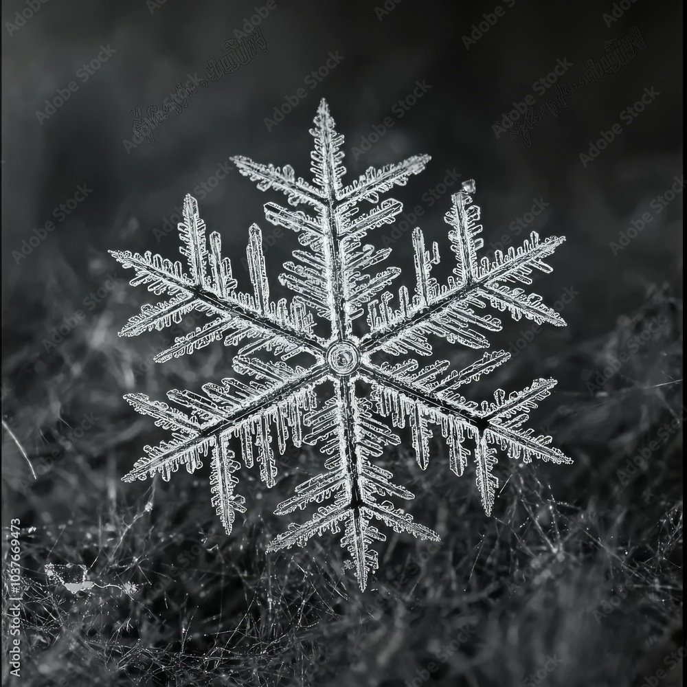 Poster a stunning close-up of a snowflake showcasing intricate crystal patterns against a dark background.