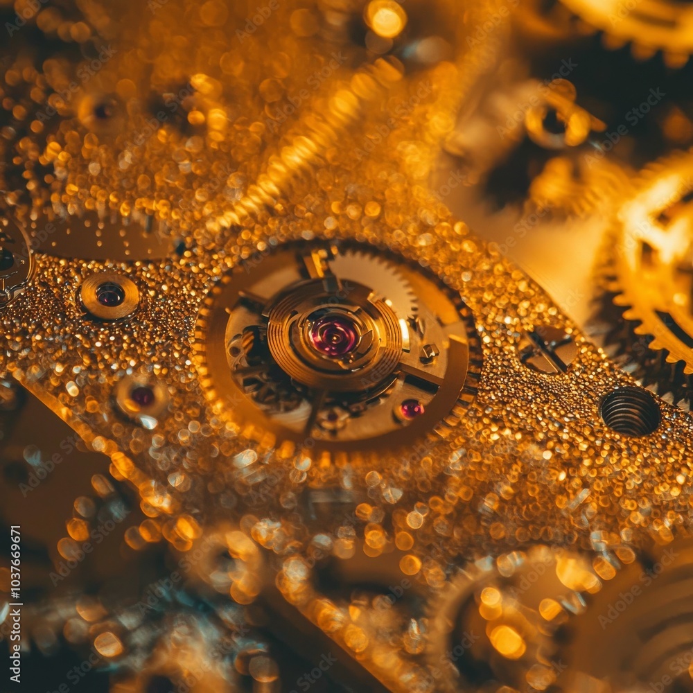 Poster intricate close-up of gold-toned clockwork with sparkling droplets, showcasing precision engineering