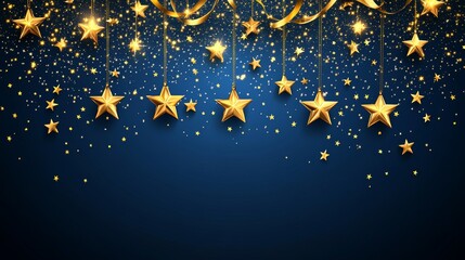 Fototapeta premium Elegant Golden Star and Ribbons Decoration on Dark Blue Background, Luxurious Holiday Greeting Card Design. Concept of luxury, celebration, elegance, holiday greeting, festive decor.