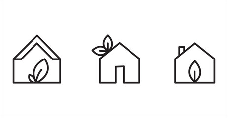 Icon set of Eco-friendly homes. Black outline icons of homes with a leaf represent eco-friendly living, green homes, and sustainability.