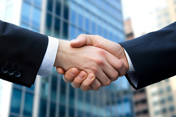 Securing the Deal: A powerful handshake seals a lucrative business agreement against the backdrop of a modern cityscape.  A symbol of trust, collaboration, and success in the corporate world.