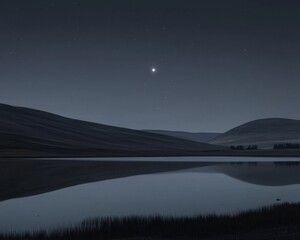 Serene night landscape reflecting the moonlight on a tranquil lake, surrounded by gentle hills under a starry sky.