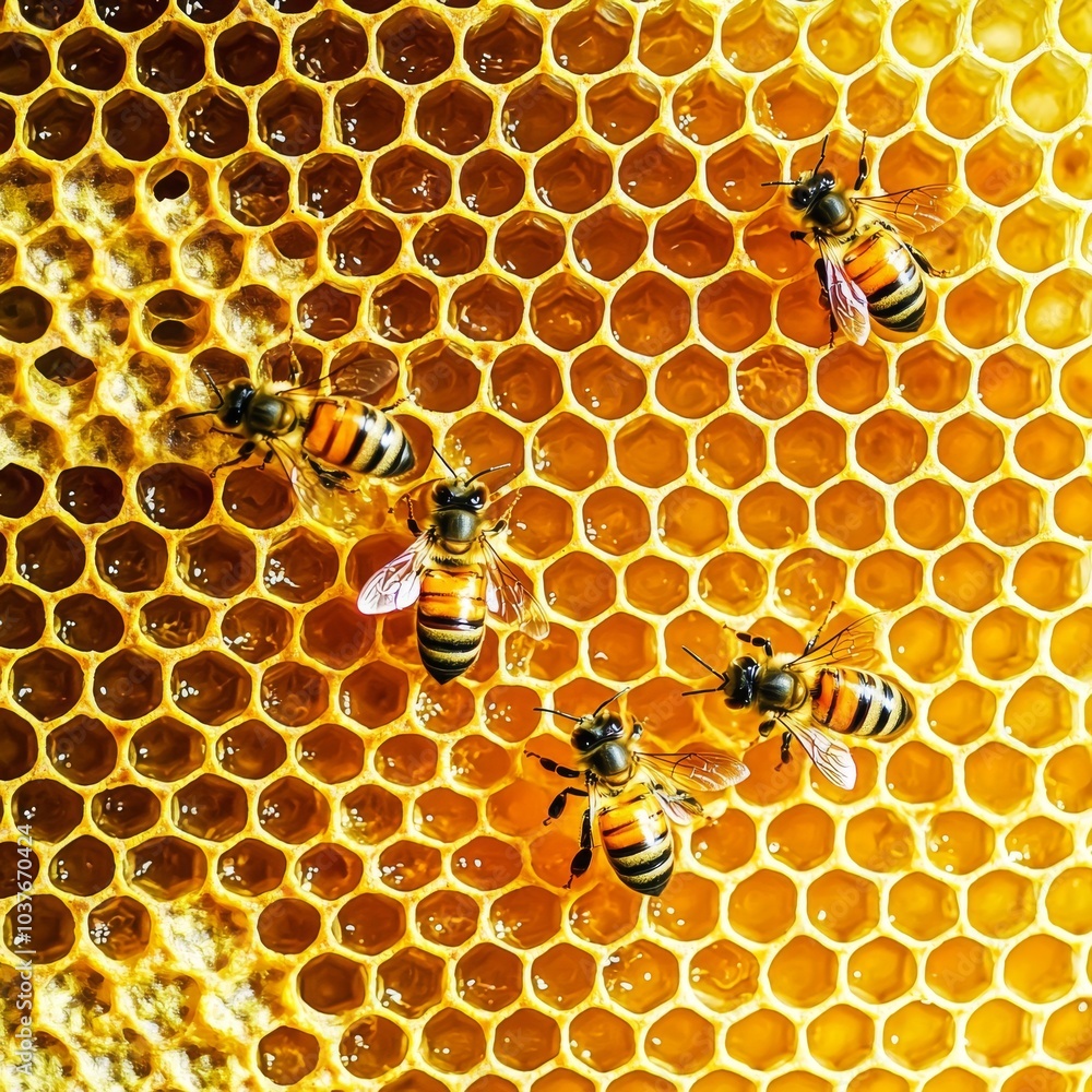 Poster close-up of bees collecting nectar on a honeycomb, showcasing their vibrant colors and intricate hiv