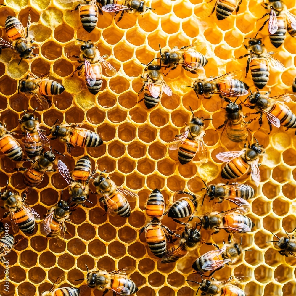 Poster a close-up of busy bees working on a honeycomb, showcasing their intricate patterns and natural beau