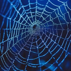 Obraz premium Close-up of an intricate spider web glistening with dewdrops, illuminated by soft blue light.