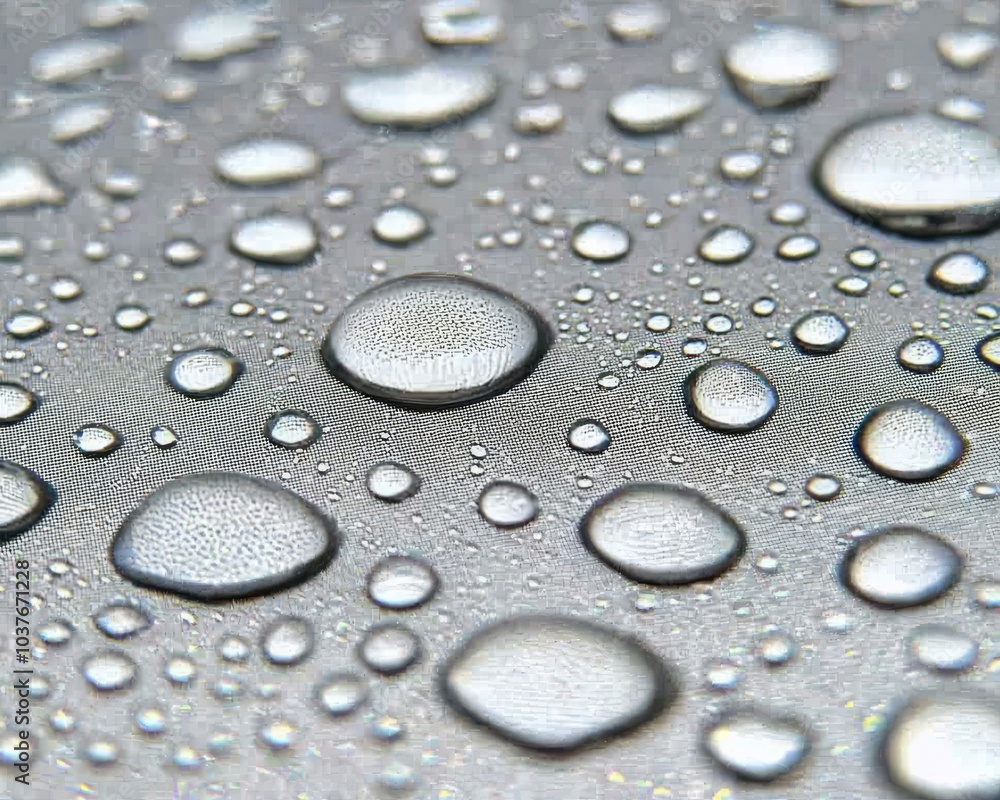 Poster close-up view of shimmering water droplets on a reflective surface, creating a soothing and tranquil