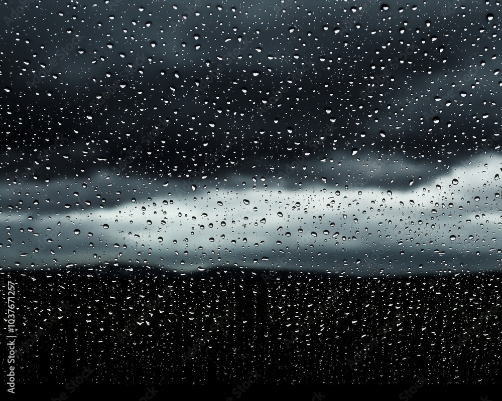 Poster close-up of raindrops on a window, creating a serene and moody atmosphere against dark stormy clouds