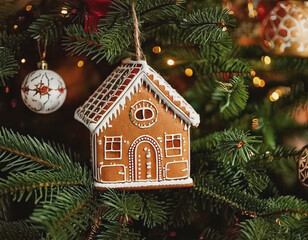 gingerbread house ornament on a Christmas tree AI
