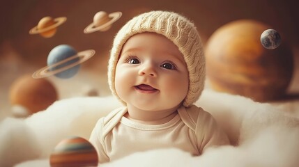 Celestial Cradle: A Newborn’s Cosmic Adventure. Concept of space exploration, cosmic wonder, infant imagination, early childhood education, photography backdrop, product photography.