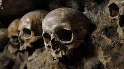 Skulls arranged along an ancient cave wall at dusk