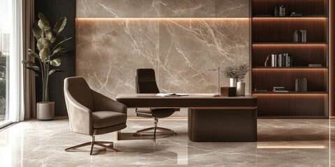 Modern office interior featuring elegant decor. The space showcases a stylish desk and comfortable chairs. A blend of luxury and functionality in a warm color palette. AI