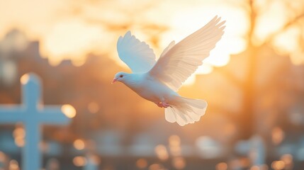 Divine Light: White Dove and Cross.Concept of Easter, faith, hope, peace, purity, spirituality, religious celebration, sacred space, photography backdrop.