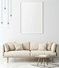 「ミニマルなリビングルームインテリア。白い額縁のモックアップ、ベージュのソファ、クッション、コーヒーテーブル、スタイリッシュなペンダントライト。空の壁のモックアップ」