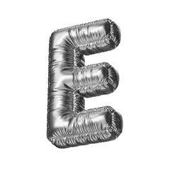 E. Letter E in the form of a foil balloon isolated on a transparent background. PNG 3D render. Letter of the Latin alphabet. Silver volumetric letter with matte texture.