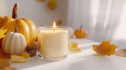 Autumn Candle with Pumpkins and Leaves
