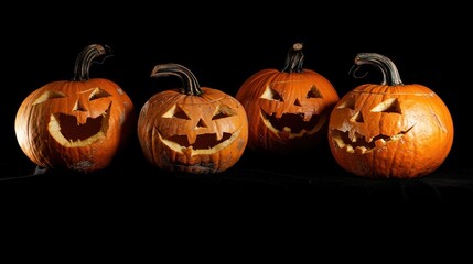 Fototapeta premium Four Jack-o'-Lanterns on Black Background