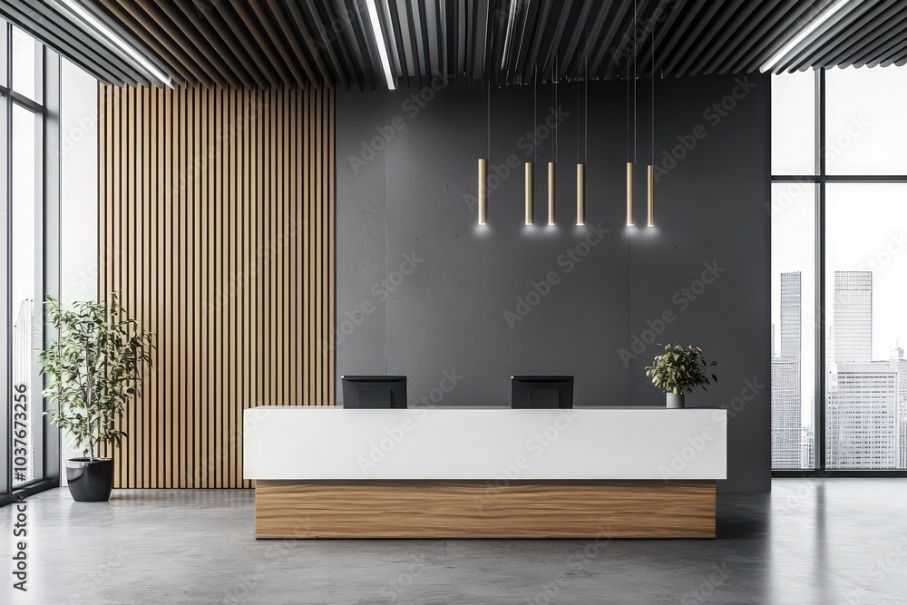 Poster a stylish office environment featuring a sleek reception desk and a modern wall to create a professi