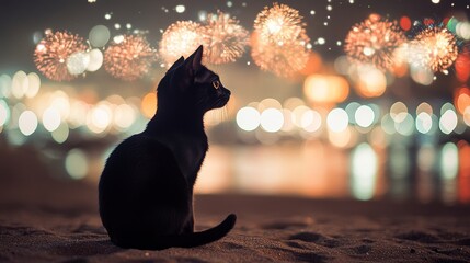 Pet enjoying New Year's Eve fireworks, Concept of pet companionship, joyful celebration, coastal living, New Year's Eve traditions, pet-friendly travel.