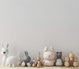 「空っぽの子供部屋の壁の前にある木製のテーブルに、ぬいぐるみやテディベア、ウサギのぬいぐるみが一緒に座っている。イラスト」