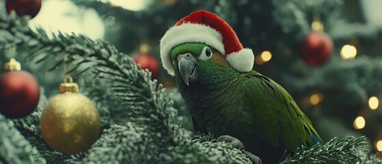 Fototapeta premium Parrot on Christmas Tree-Festive Feathered Friend. Concept of holiday cheer, festive spirit, pet companionship, Christmas decorations.
