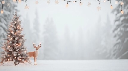 Winter forest with christmas tree and deer