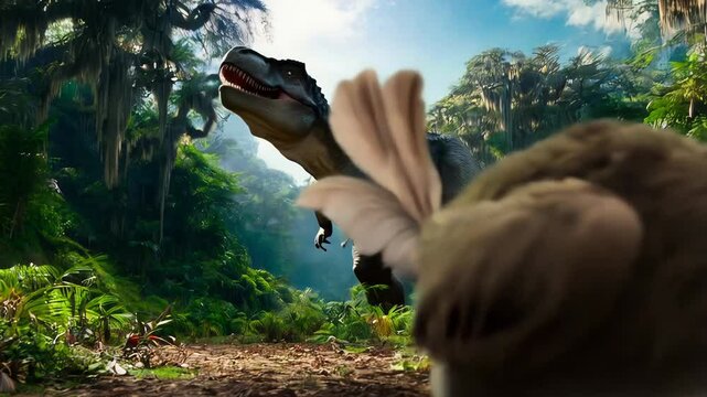 Dodo bird runs from a t-rex in a lush jungle, showing prehistoric danger and survival