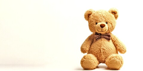 A cute teddy bear sits quietly on a light background. Its warm golden fur and friendly smile bring comfort and joy. This plush toy symbolizes love and childhood memories. AI