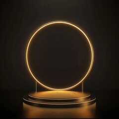 「黒い背景に金色の円形フレームの演壇を3Dレンダリング。製品展示やブランディングに最適」
