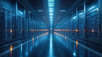 Obraz premium A wide-angle view of an advanced data center featuring rows of high-performance servers and intricate cabling systems,