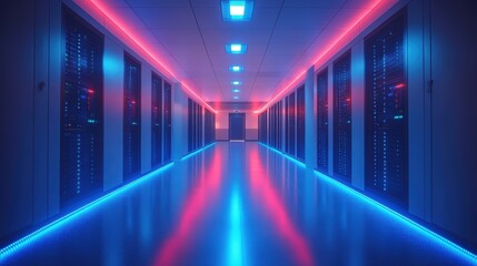 A wide-angle view of an advanced data center featuring rows of high-performance servers and intricate cabling systems,