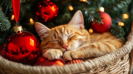 Obraz premium Basket of Christmas Joy, Cozy Cat Christmas. Concept of holiday cheer, pet companionship, cozy atmosphere, festive spirit.