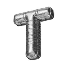 T. Letter T in the form of a foil balloon isolated on a transparent background. PNG 3D render. Letter of the Latin alphabet. Silver volumetric letter with matte texture.