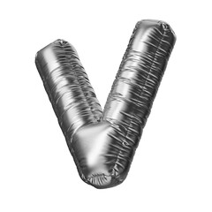 V. Letter V in the form of a foil balloon isolated on a transparent background. PNG 3D render. Letter of the Latin alphabet. Silver volumetric letter with matte texture.