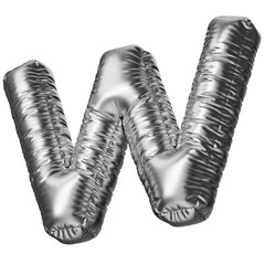 W. Letter W in the form of a foil balloon isolated on a transparent background. PNG 3D render. Letter of the Latin alphabet. Silver volumetric letter with matte texture.