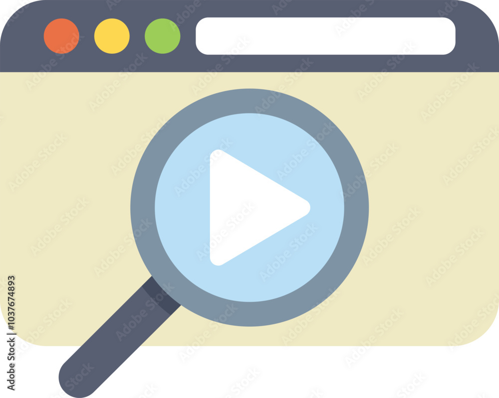 Poster magnifying glass is searching a video player on a web browser window, concept for finding a video on